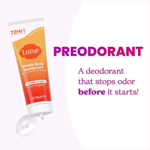 Lume Whole Body Deodorant - Invisible Cream Tube - 72 Hour Odor Control - Aluminum Free, Baking Soda Free, Skin Safe - 3.0 ounce (Clean Tangerine) - 5