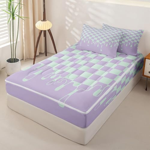 Image of Purple Mint Checkered Full Zipper Comforter Set,Checkerboard Drip 4 Piece Complete Bedding Set Bed in a Bag with Fitted Sheet & Pillowcases,Grunge Aesthetic Modern Geometric for Kids Boys Teen Girls