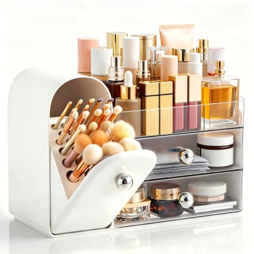 Image of HBlife Makeup Organizer Countertop with Drawers, Vanity Organizers with Brush Holder, Bathroom Counter Organizer for Perfume, Nail Polishes, Lipsticks, Skincare and Eyeshadow Palettes, White Sliver