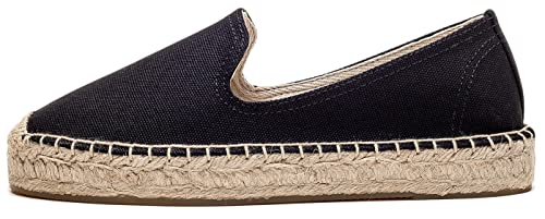 Image of Women's Classic Slip on Flat Shoes Casual Cap-Toe Platform Simple Espadrille Canvas Loafers Black Color Size 8.5
