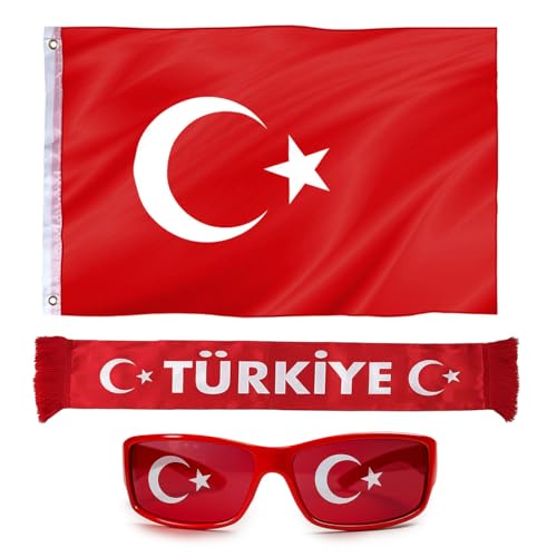 Murago - 3 teiliges Türkei Party Fanset - Deko Fanartikel Flagge Fahne ca. 60x90 cm groß Schal Sommerschal Fußball EM WM Sonnenbrille Bayrak Fußball Fanpaket