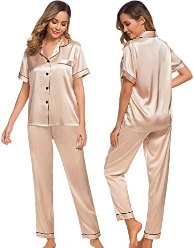 SWOMOG Womens Silk Satin Pajamas Short Sleeve Loungewear Two-Piece Sleepwear Button-Down Pj Set