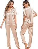 SWOMOG Womens Silk Satin Pajamas Short Sleeve Loungewear Two-Piece Sleepwear Button-Down Pj Set