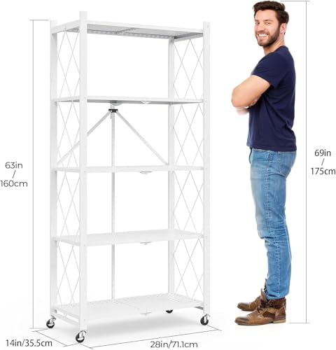 Image of 5-Tier Folding Metal Storage Rack - 63 inch Heavy-Duty Steel Frame with Wheels, No Assembly Utility Organizer, Rolling Shelving Unit for Kitchen, Garage, Pantry, Bedroom (White, 5 Tier)