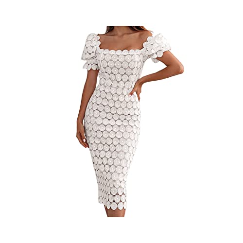 IJNHYTG Te Hace más Exquisito Vestido de Mujer Primavera Verano Elegante de Manga Corta Vestido de Negocios de Punto Vestido de Tubo sólido Vestidos de Fiesta de Temperamento (Color : White, Size :