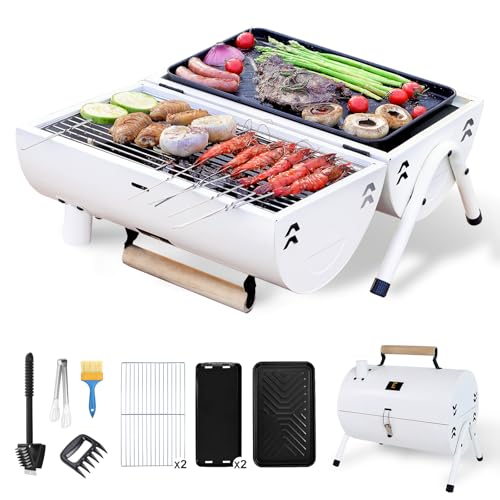 Elletwinkle Portable Charcoal Grill Barbecue Grill Folding Set Double Sided +Barbecue Pan Net+6PCS Tools for Outdoor Camping BBQ Grilling Backyard Party Cooking Chimney Tabletop Grill & Grilling White