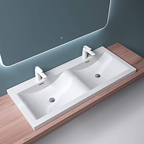 Mai & Mai Einbau-Waschbecken Waschtisch 2 Becken Mineralguss rechteckig 2 Armaturenlöcher Überlauffunktion BxTxH 120x48x12 cm Col03