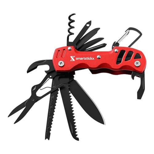SmartstickX 16 in 1 Multi Tool Tactical Knife Camping essential Survival with Knife, Scissors, Saw, Wine Opener, Multiple Screwdrivers, Key Chain Easy Carry, Fish Scaler (Red)