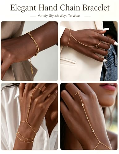 4PCS 14K Gold Plated Hand Chain Bracelet for Women, Dainty Stackable Ring Bracelet Set with Cubic Zirconia, Adjustable Hand Jewelry for Beach, Summer Vacation, Elegant Gift for Women - image 4