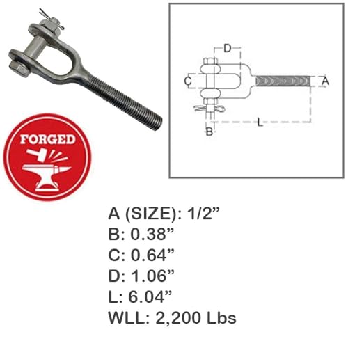 1 pieza Tensor Quijada de acero inoxidable T316 de 1/2", rosca derecha, capacidad de 2200 lb para rigging marino, barandales de cable y cable de acero miniatura 2