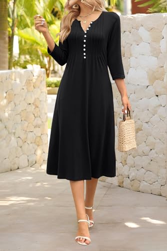 Soesdemo Long Sleeve Dress for Women Casual V Neck Pleated Button Down 3/4 Sleeves Knee Length Midi Dresses with Pockets - Image 6