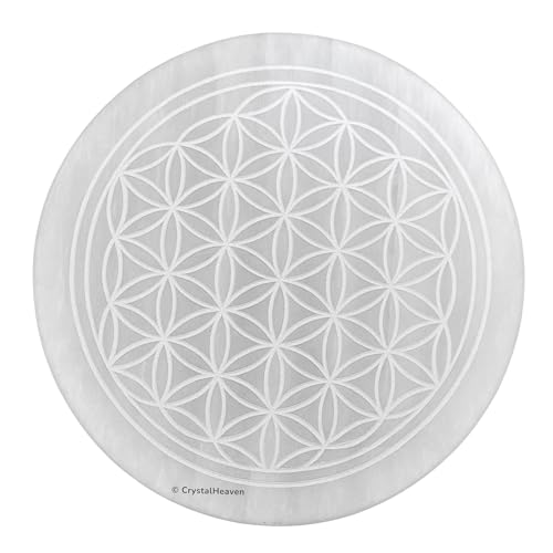 Image of Certified Selenite Crystal Charging Plate, 4 Inch Engraved Flower of Life Selenite Plate for Crystal Cleansing Re-Energy Work, Meditation and Pooja - Flower of Life