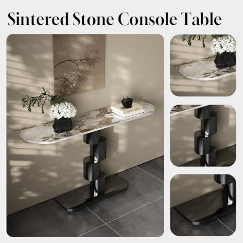 Mesa consola con marco de metal y piedra sinterizada estrecha 4