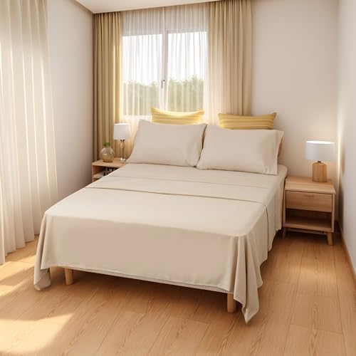 Etrexonline Juego de Sábanas 3 Piezas para Cama de 150 cm - Microfibra Suave y Transpirable, Incluye 1 Bajera Ajustable, 1 Encimera y 1 Funda de Almohada - Color Liso Beige