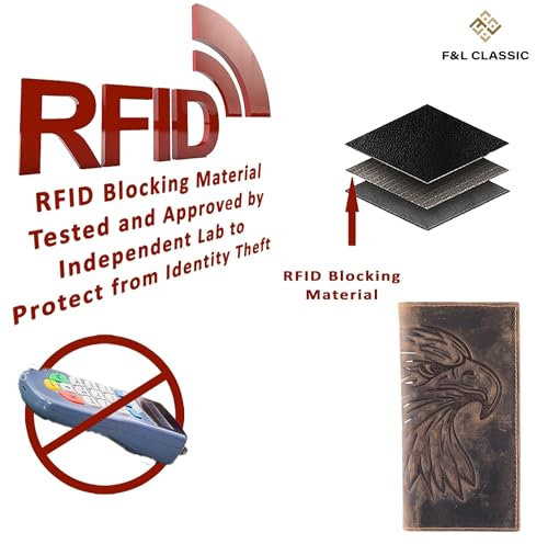 Image of F&L CLASSIC Men's RFID Vintage Look Genuine Leather Long Bifold Wallet Checkbook Wallets,brown eagle head,240-102