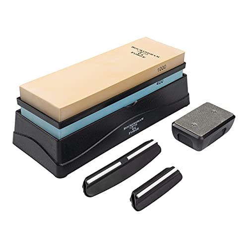 Rockingham Forge Kitchen Knife Sharpening Whetstone Kit - Contains 400/1000 Grit Combined Ceramic Whetstone, 2 x Blade Angle Guides, Carry Case and Stone Leveller
