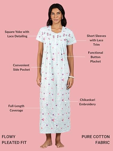 Image of 9shines Label Stylish Chikankari Cotton Nighty Maxi for Women | Full Length Nightgown | Nightdress with Pocket | Embroidery Nighty | Soft Comfortable Cotton Nightwear (1545)