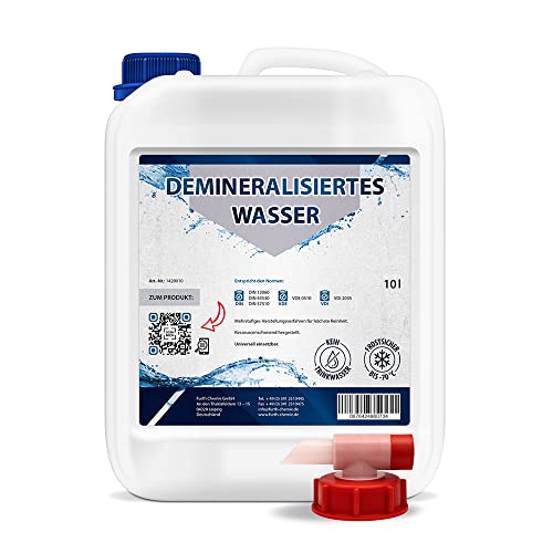 Furthchemie 10l destilliertes Wasser mit Auslaufhahn | demineralisiertes Wasser (VE Wasser): Für Bügeleisen, Aquarium, Reinigung, Kosmetik, Seifenherstellung, Autokühler und Luftbefeuchter