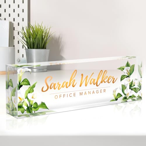 Image of Name Plate for Desk, Desk Name Plate Personalized, Office Decor for Women Men, Acrylic Desktop Accessories, Office Gifts for Boss Nurse Teacher Coworker, Employee Appreciation Gift (Purple Calla)