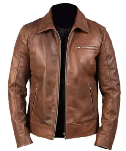 Men's Genuine Real Sheepskin Leather Jacket, Formal and Smooth, Shirt Collar Style, Zipper Pockets