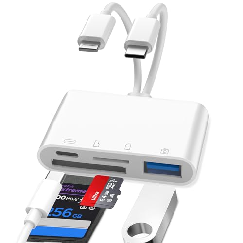 Lecteur Carte SD iPhone, 4 en 1 Lightning to SD Card Reader, Adaptateur iPhone Carte SD, Adaptateur Carte S/D i-Phone, Lecteur de C-Arte S-D pour i-Phone, A-daptateur S-D i-Phone