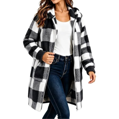 MaMiDay Fleece Jacket Women Plaid Sherpa Hooded Long Coat with Pockets - image 5