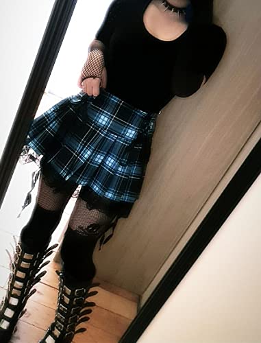 Suillty Women Girls High Waisted Gothic Pleated Skirt Plaid Lace Up A-Lined Mini Skirt Punk Lace Patchwork Blue #TOP4
