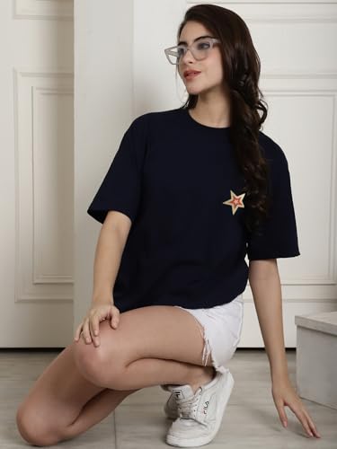 Image of Fabflee Oversized Cotton Baggy Drop Shoulder Graphic Tee with Half Sleeves | Korean Casual Loose T-Shirt for Women
