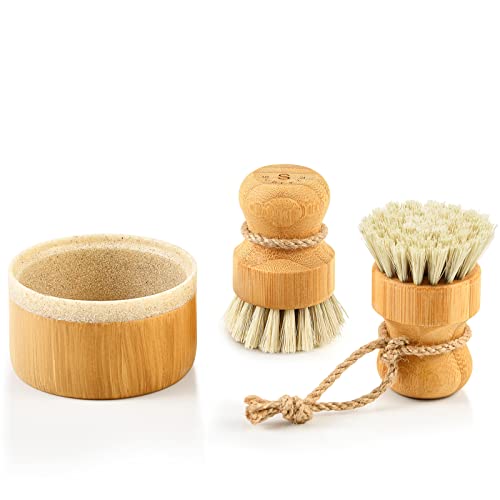 SUBEKYU Bubble Up Bamboo Dish Brush Set with Soap Holder, Wooden Dish Scrubber with Soap Dispenser, Natural Kitchen Scrub Brush, Washing Pot/Pans/Cast Iron, 2 Pack, Sisal Bristles