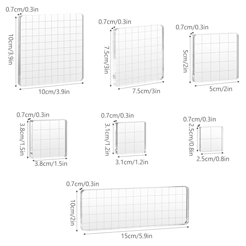 7Pcs Acrylic Stamp Block Assorted Sizes Acrylic Blocks for Stamping with Grid Lines for Scrapbooking Crafts Card Making(Square) - Thumbnail 2