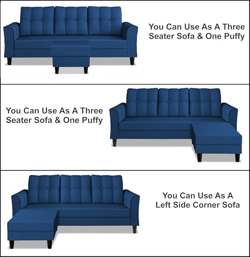 Image of Adorn India Maddox Tufted L Shape 4 Seater Sofa Set (Blue) (3 Year Warranty)