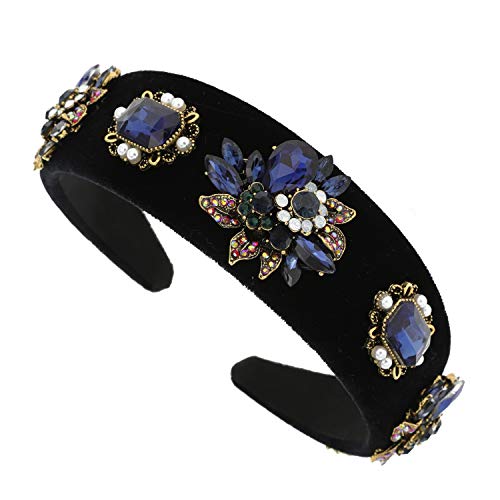 SP SOPHIA COLLECTION Women's Baroque High Fashion Velvet Vintage Bejewelled Hair Headband Hairband Accessory in Navy
