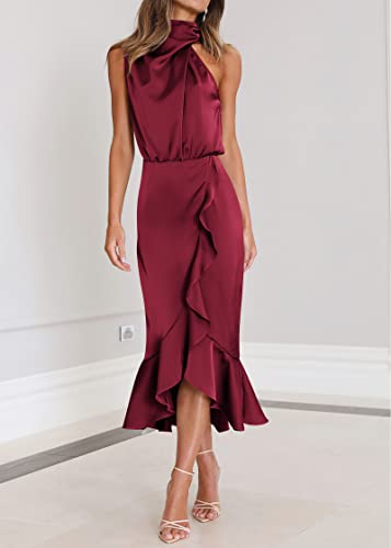 Image of KIRUNDO Women's Summer Satin Mock Neck Wedding Guest Dress