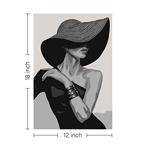 Image of RANGOLI 100% Cotton Stretched Canvas Painting 400 GSM, Framed Lady in Hat Abstract Wall Art for Living Room, 3D Paintings for Wall Decor (12 x 18 Inch With Frame)
