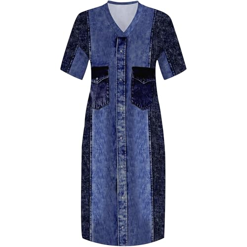Image of SUZONANA Plus Size Denim Print Shirt Maxi Dresses for Curvy Women Casual Blue Jean Summer Outfits Long Short Sleeve Dress with Pockets Patchwork 5XL