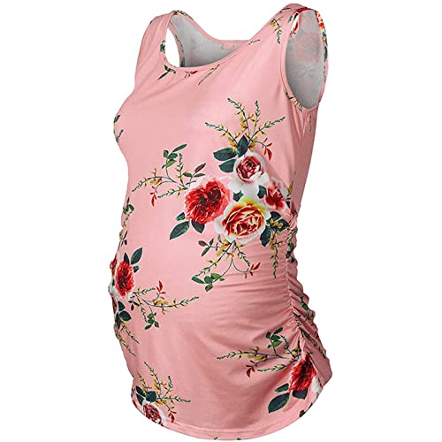 Genérico Camisetas para Maternidad Madura Mujeres maternidad Verano sin Mangas Flor Impreso Fruncido lado Camisetas Embarazo Básico Camiseta Chaleco Vestido Jersey para Maternidad Mini, rosa, XL