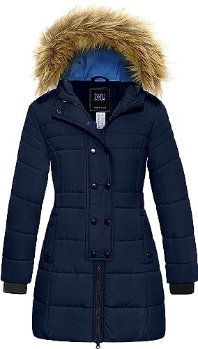 ZSHOW Abrigo Niña Largo Invierno Chaqueta de Lana Resistente al Agua Abrigo Forro Polar Grueso Parka Casual Militar Exteriores Niña Azul Oscuro 128 134