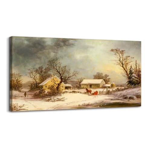 crmotu Large Landscape Wall Art, Farmhouse Wall Decor, Winter Wall Art, Snowy Farm Canvas Painting, Vintage Aesthetic Pictures for Living Room Bathroom Bedroom Kitchen Art Prints 20"X40"
