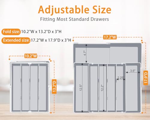 Silverware Drawer Organizer for Kitchen - Adjustable Utensil Holder Drawer Organizer, BPA Free Flatware and Cutlery Tray, Expandable Plastic Storage for Spoons Forks Knives, Grey