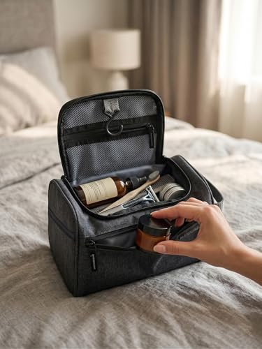 Image of Wooum Travel Toiletry Bag for Men | Water-Resistant Bathroom Organizer with Hook | Compact Khadi Fabric Dopp Kit with Zipper & Mesh Pockets - Ideal for Travel, Gym & Daily Use (Grey)
