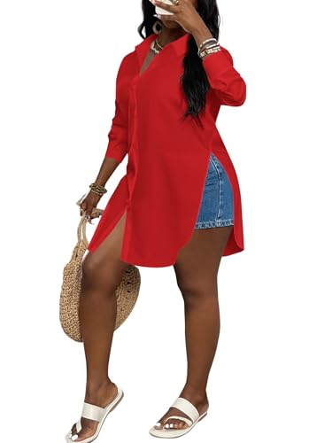 Image of LYANER Women's Collar Neck Long Sleeve Button Down Shirts Sexy Split Hem Tops Long Blouse Shirt Dress