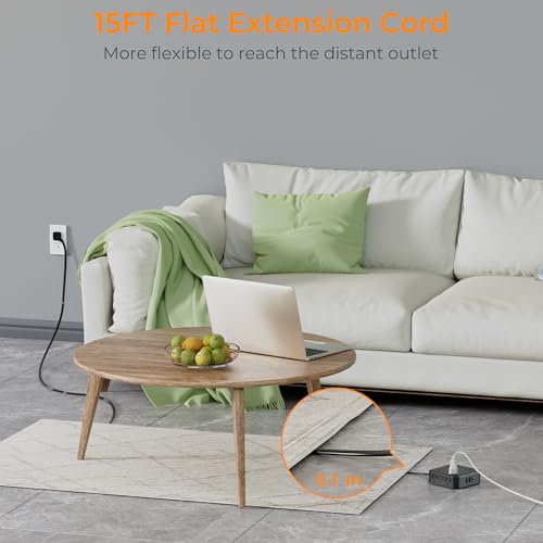 Image of TESSAN Surge Protector Power Strip, 15 Ft Flat Plug Extension Cord with 3 USB (1 USB C) 8 Outlets, 1250W, 900J Protection, 3 Sided Outlet Extender with Power Switch for Office, Dorm Room, Black