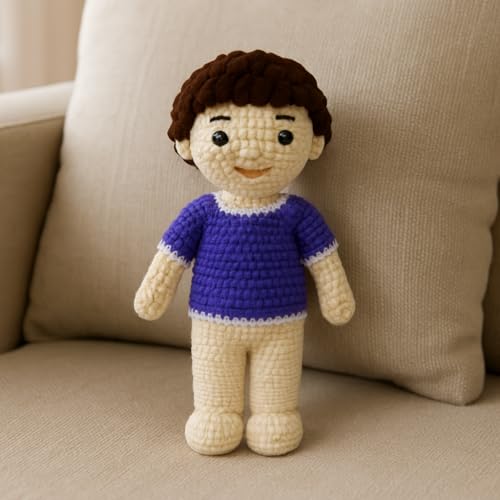 Image of Sutra Handmade Crochet Boy Doll in Purple Top & White Pants | Wool Amigurumi Plush Toy | Soft Handmade Gift for Kids, Nursery & Home Decor