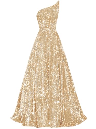 Long Sequin Prom Dresses for Teens 2025 One Shoulder A Line Formal Dress with Pockets