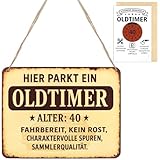 FIDWALL Regalo de cumpleaños Hombre Mujer–Letrero divertido Oldtimer+Tarjeta de felicitación con sobre–Placa decorativa graciosa&Tarjeta–Regalo creativo para hombres&mujeres. (fourty years old)