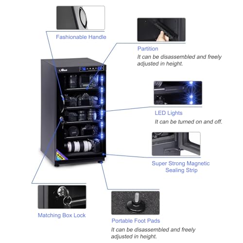 Camera Dry Cabinet 65L Digital Control Deumidificatore per la memorizzazione di apparecchiature elettroniche, silenzioso, controllo della temperatura e dell'umidità con doppio schermo LED