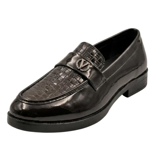 Image of Men's Glossy Loafers | Synthetic Leather | Formal Slip-On Shoes for Men | Woven Texture Patent Finish | Cushioned Comfort | Office, Party & Wedding | Black - Multicolour