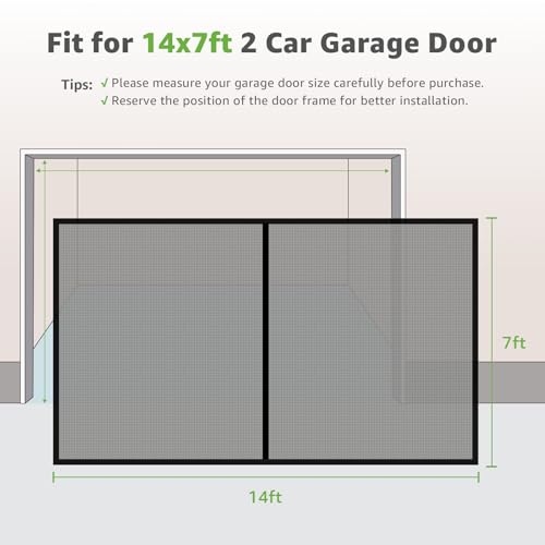 Image of Garage Door Screen - 2 Car 14x7Ft Magnetic Closure Heavy Duty Weighted Bottom Screen Self Sealing Fiberglass Mesh Retractable Net - Easy Assembly & Pass-Through(Black)