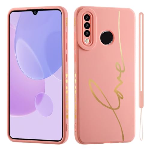 HAONANDE Cover Per Huawei P30 LITE, Custodia Brillantini Carino Scintillante per Donne e Ragazze, Cute Motivo Cuore Gold Love, Sottile Antiurto Silicone TPU Morbida Case Rosa
