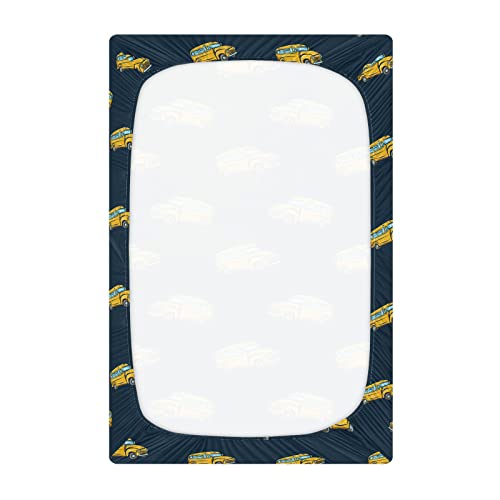 Image of School Bus Cartoon Crib Sheets Soft Breathable Fitted Baby Playard Sheets Mattress Cover for Girl Boys, 39 inch x 27 inch x 5 inch